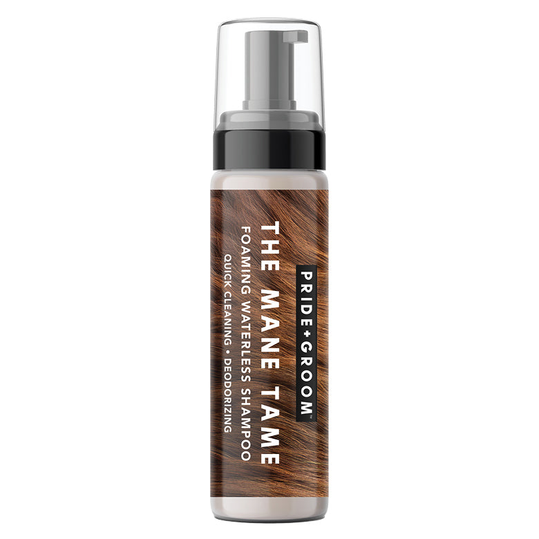 Waterless shampoo pump bottle with dark brown label and clear plastic dispenser top.