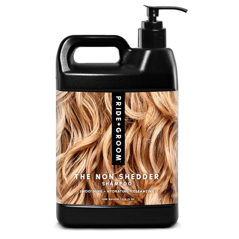 Dog shampoo bottle with black pump top, brown bottle and blonde hair label
