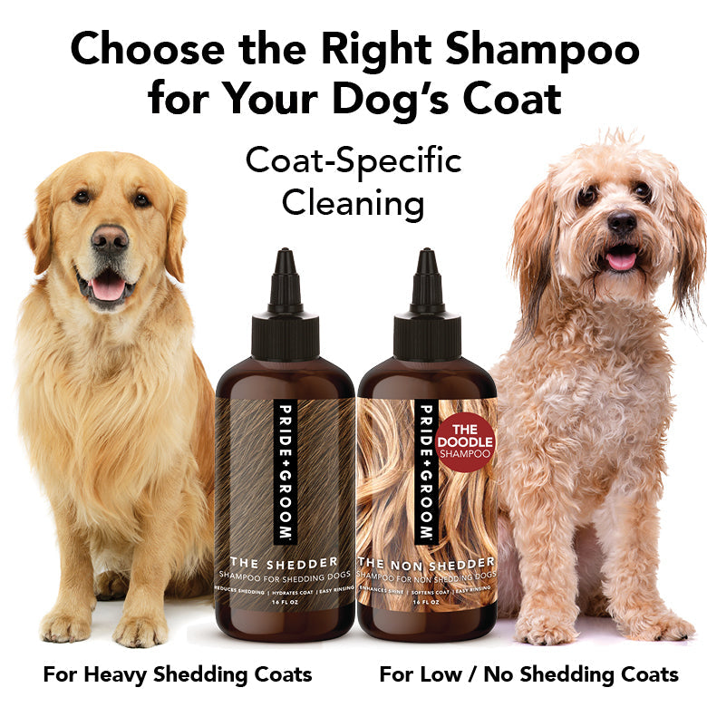 Dog shampoo bottles with two dogs, coat-specific cleaning for shedding levels