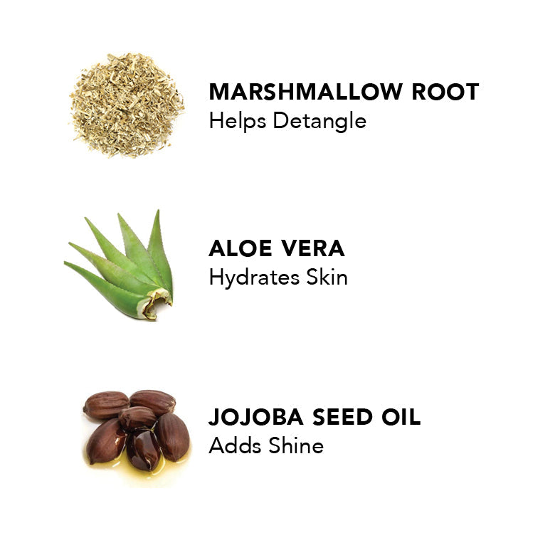 Ingredient list graphic: marshmallow root, aloe vera, jojoba seed oil