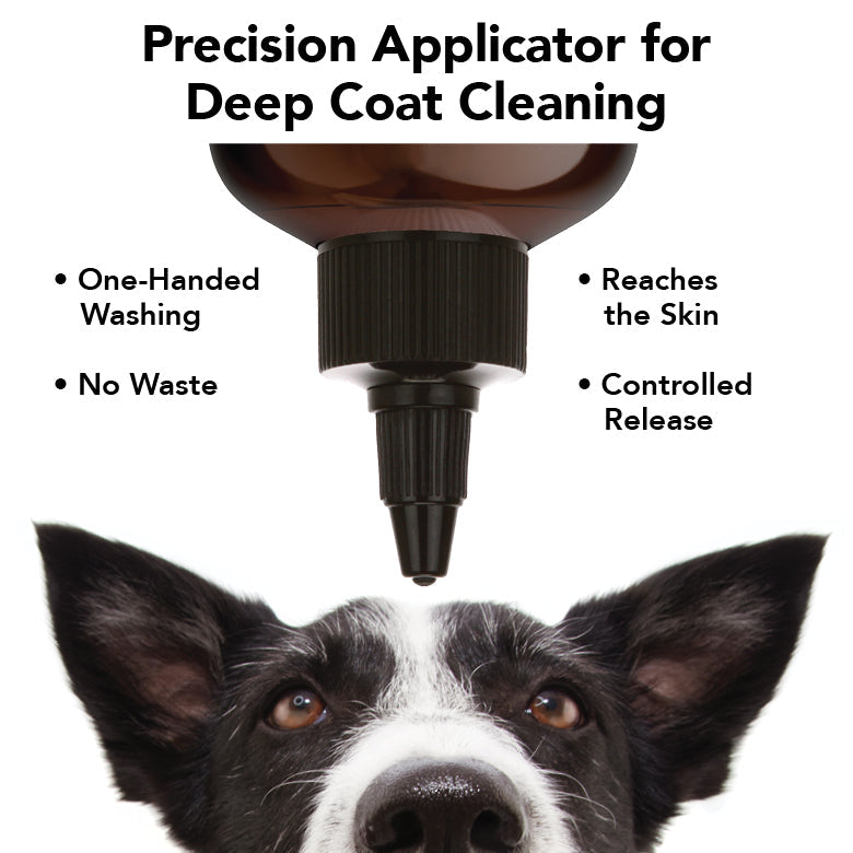Precision applicator tip over dog’s fur, one-handed washing feature graphic