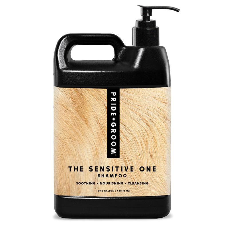 Dog shampoo bottle with black pump dispenser and beige label