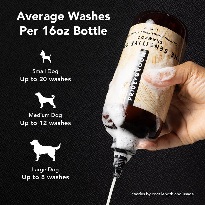Shampoo bottle in hand with three dog size wash graphic