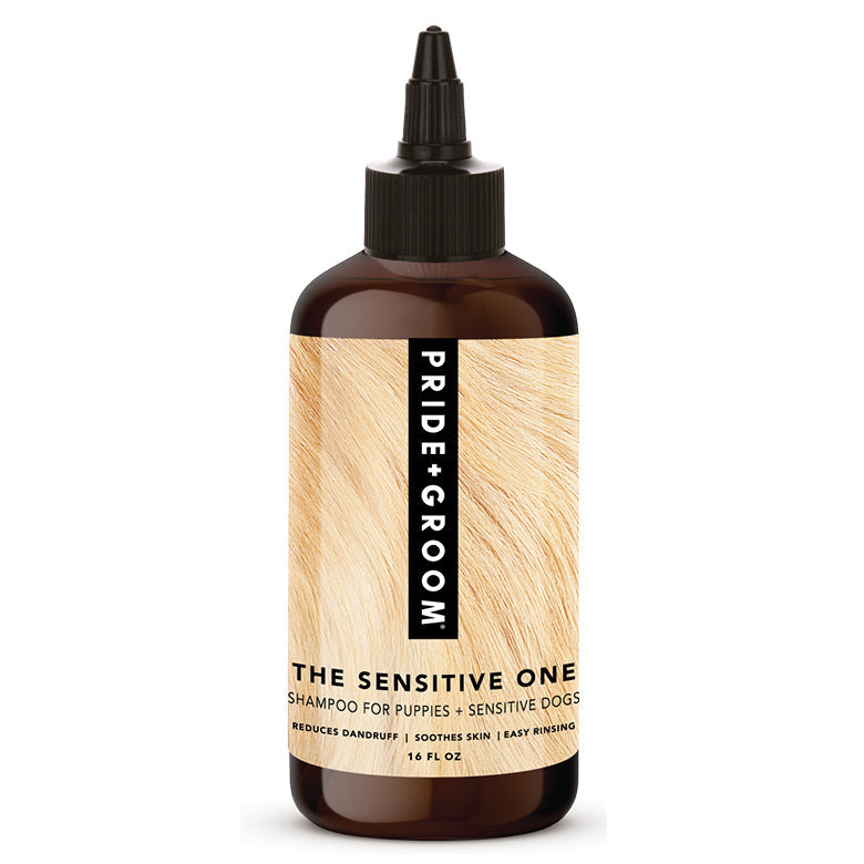 Dog shampoo bottle, dark brown with black dropper cap and beige label