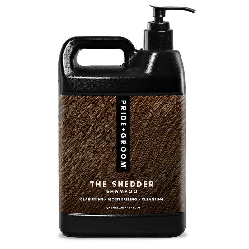 Dog shedding shampoo bottle with black pump dispenser, dark amber brown liquid