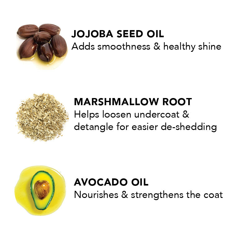 Dog shampoo ingredients: jojoba seed oil, marshmallow root, avocado oil