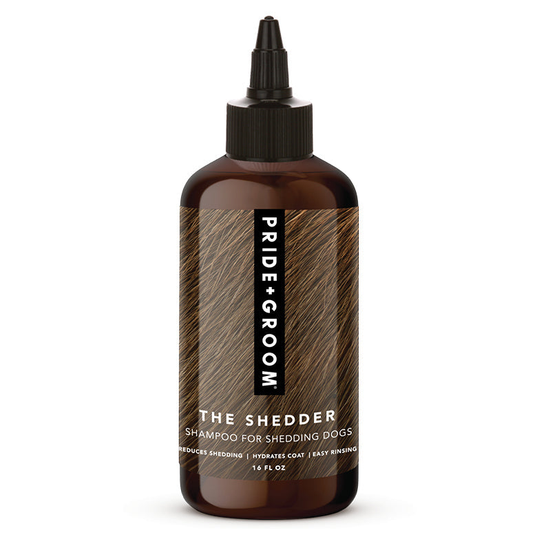 Dog shedding shampoo bottle with black dropper cap, dark amber brown liquid