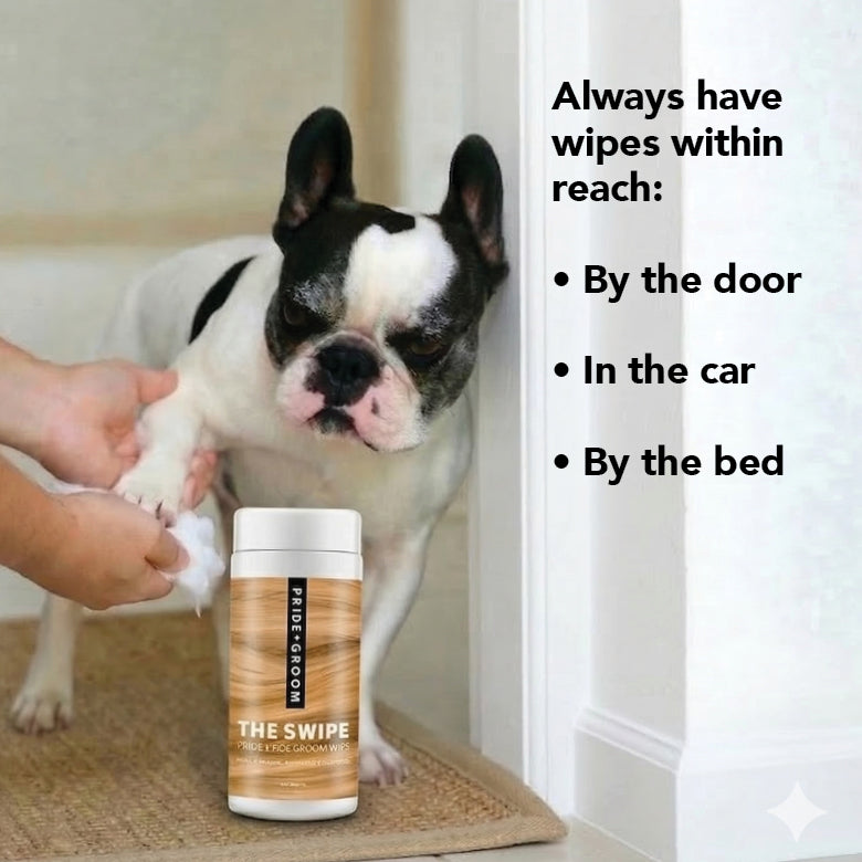 Dog grooming wipes canister on floor with hand wiping a Boston terrier