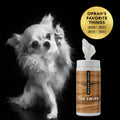 Dog grooming wipes canister with small puppy beside it