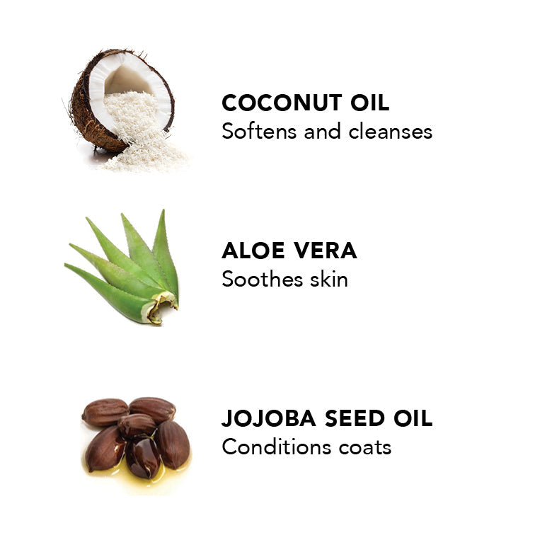 Dog grooming wipes ingredients panel featuring coconut oil, aloe vera, and jojoba oil