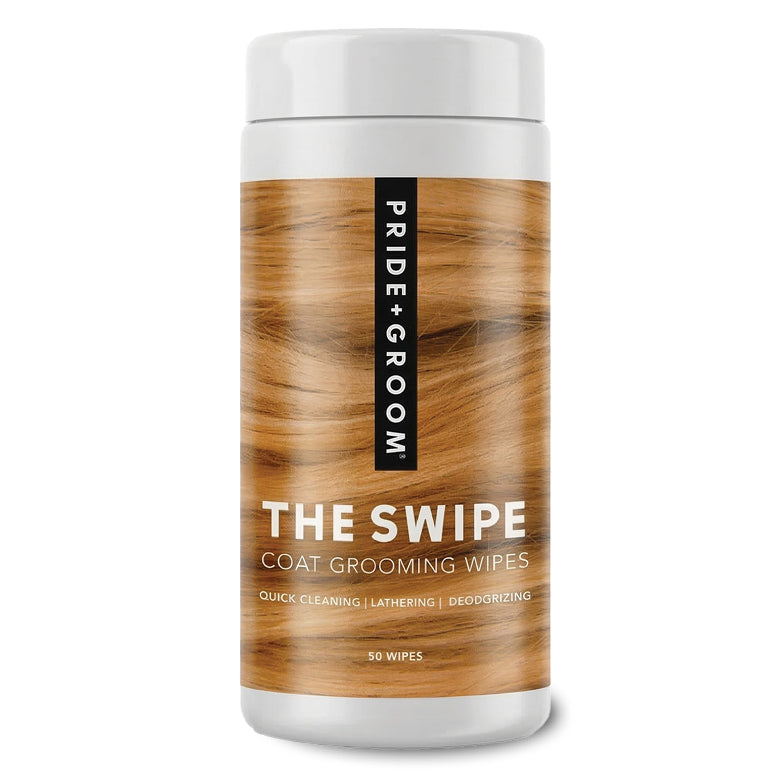 Dog grooming wipes canister with brown and white label, Pride+Groom branding