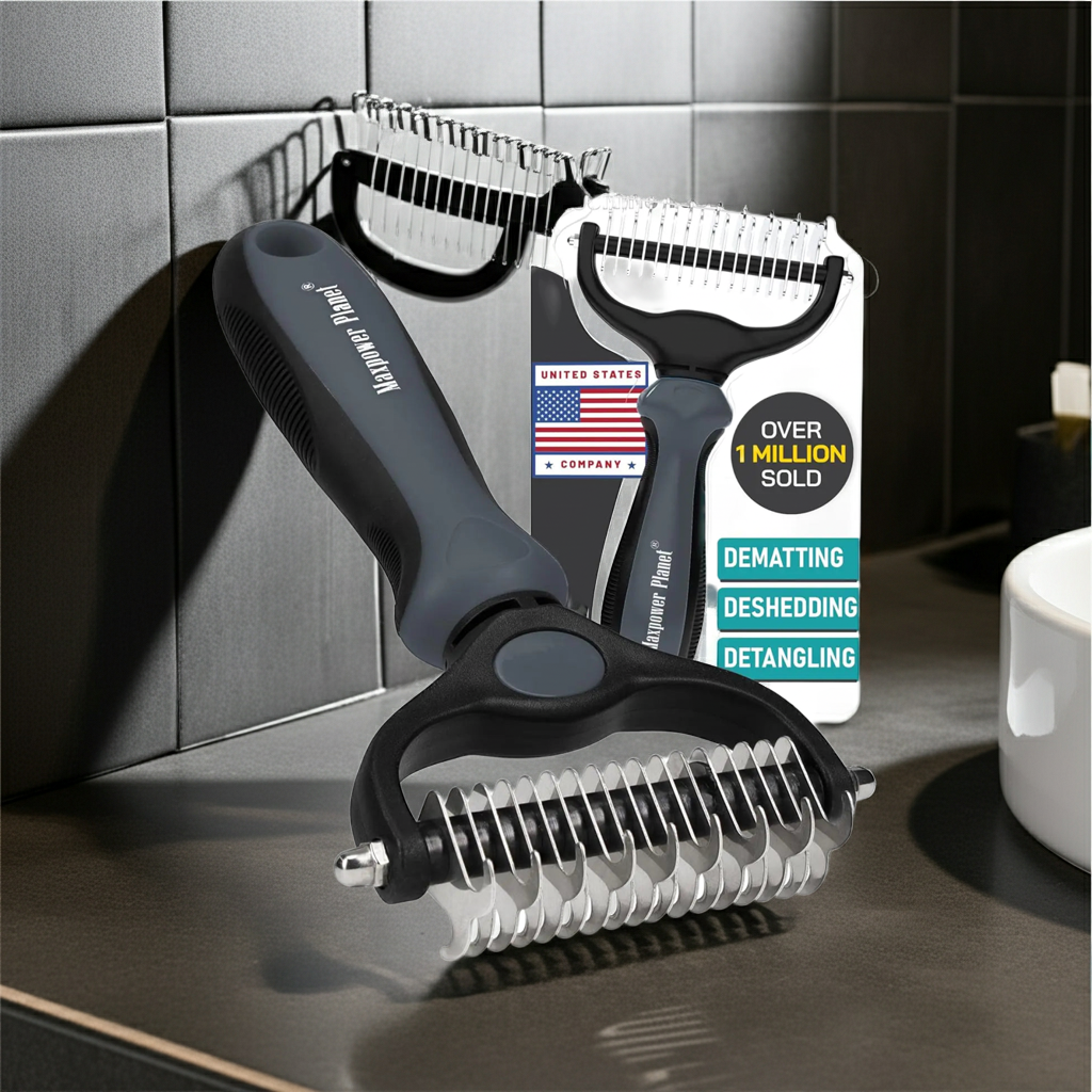 Dark gray dual-sided pet grooming rake with curved metal detangling teeth