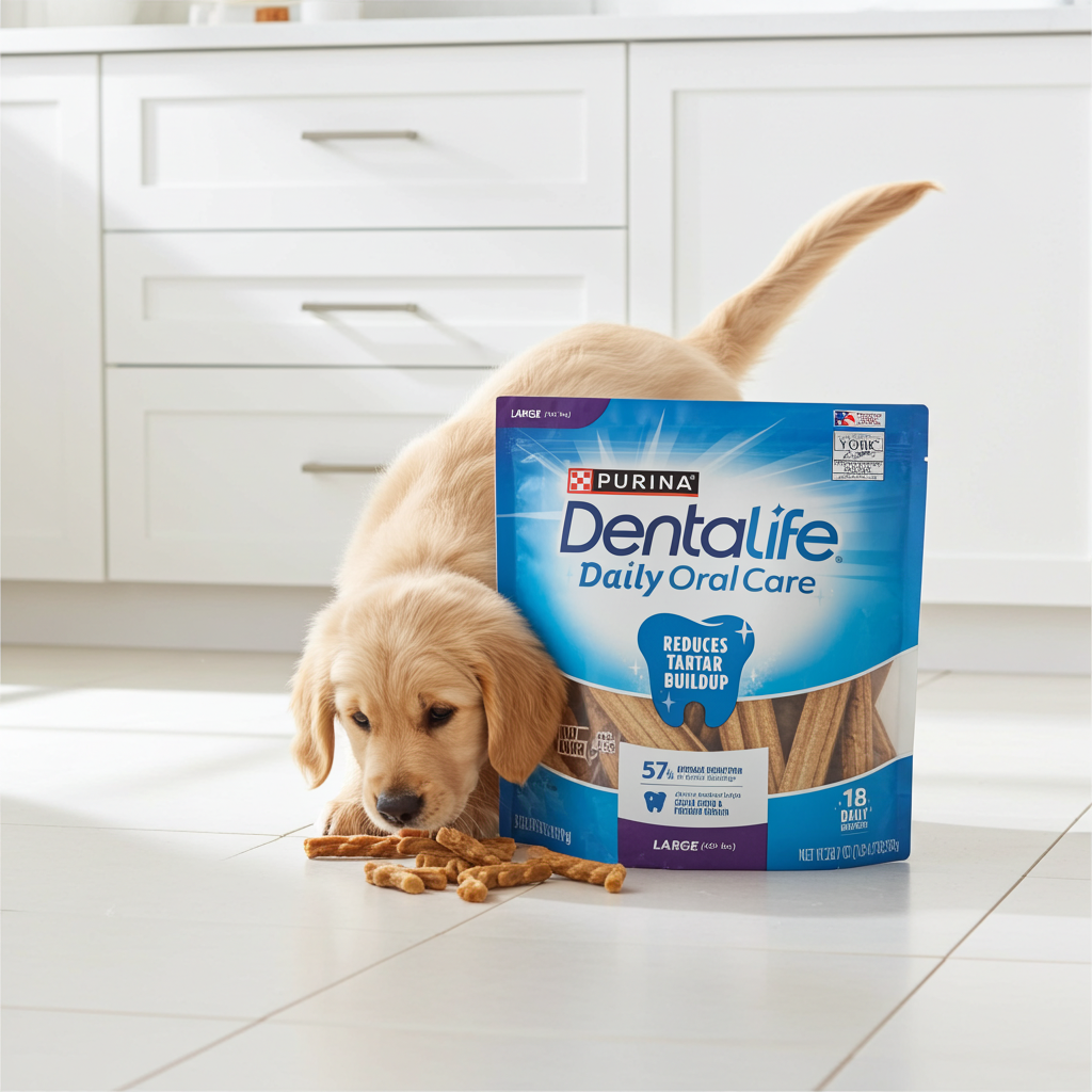 Purina Dentalife daily oral care large dog treats package with chicken and chews