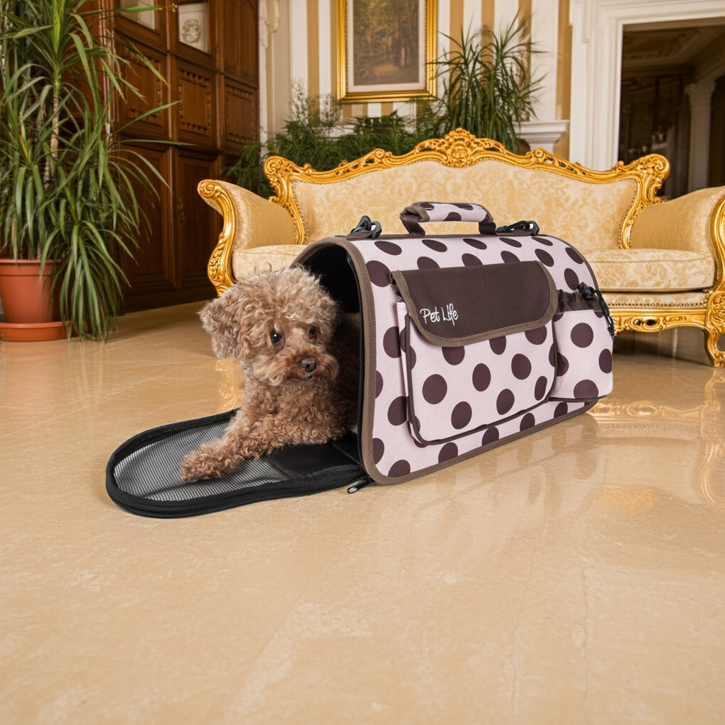 Polka-dotted Pet Life folding pet carrier with zipper front and mesh base