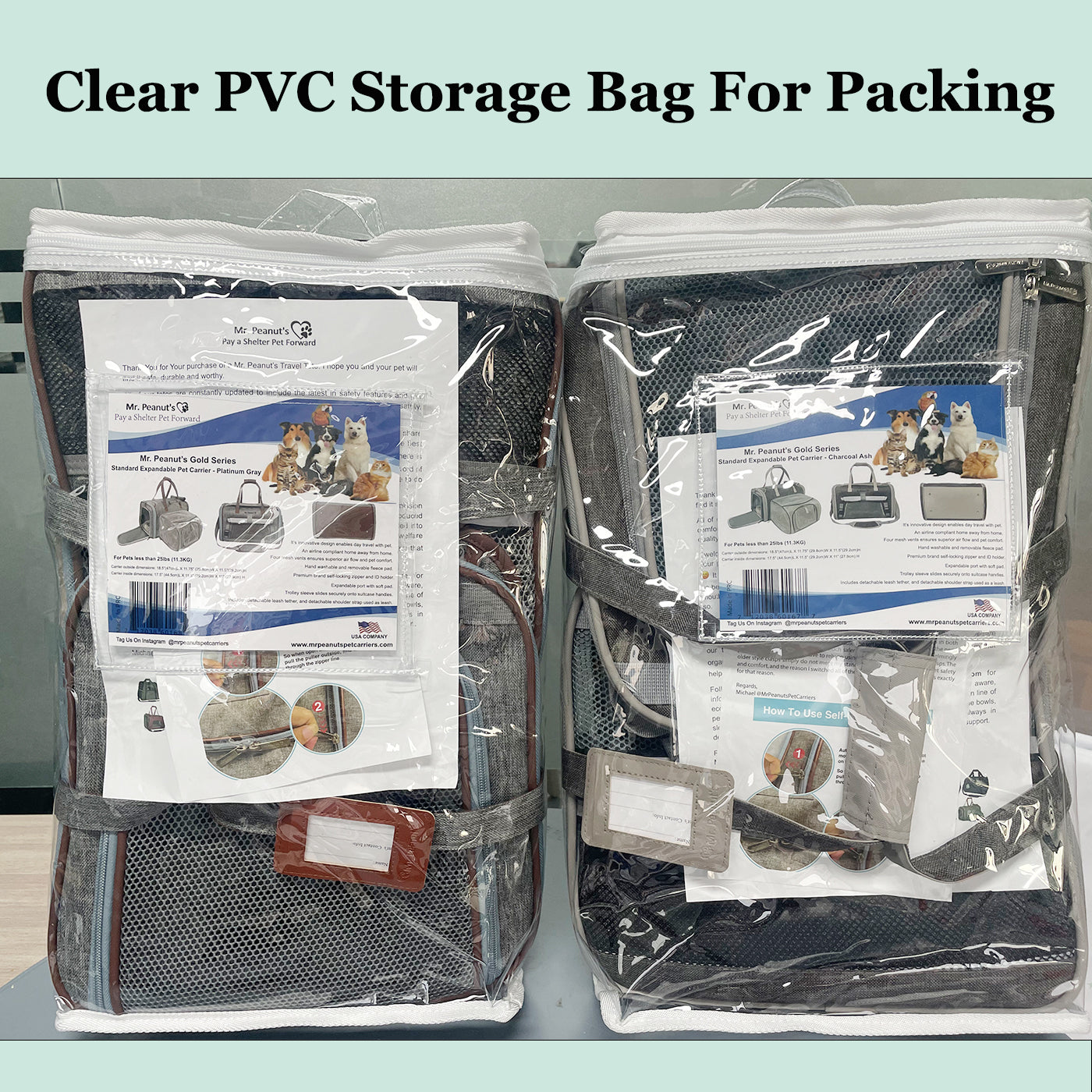Two pet carriers packed in clear PVC storage bags, shows carry size and mesh door details