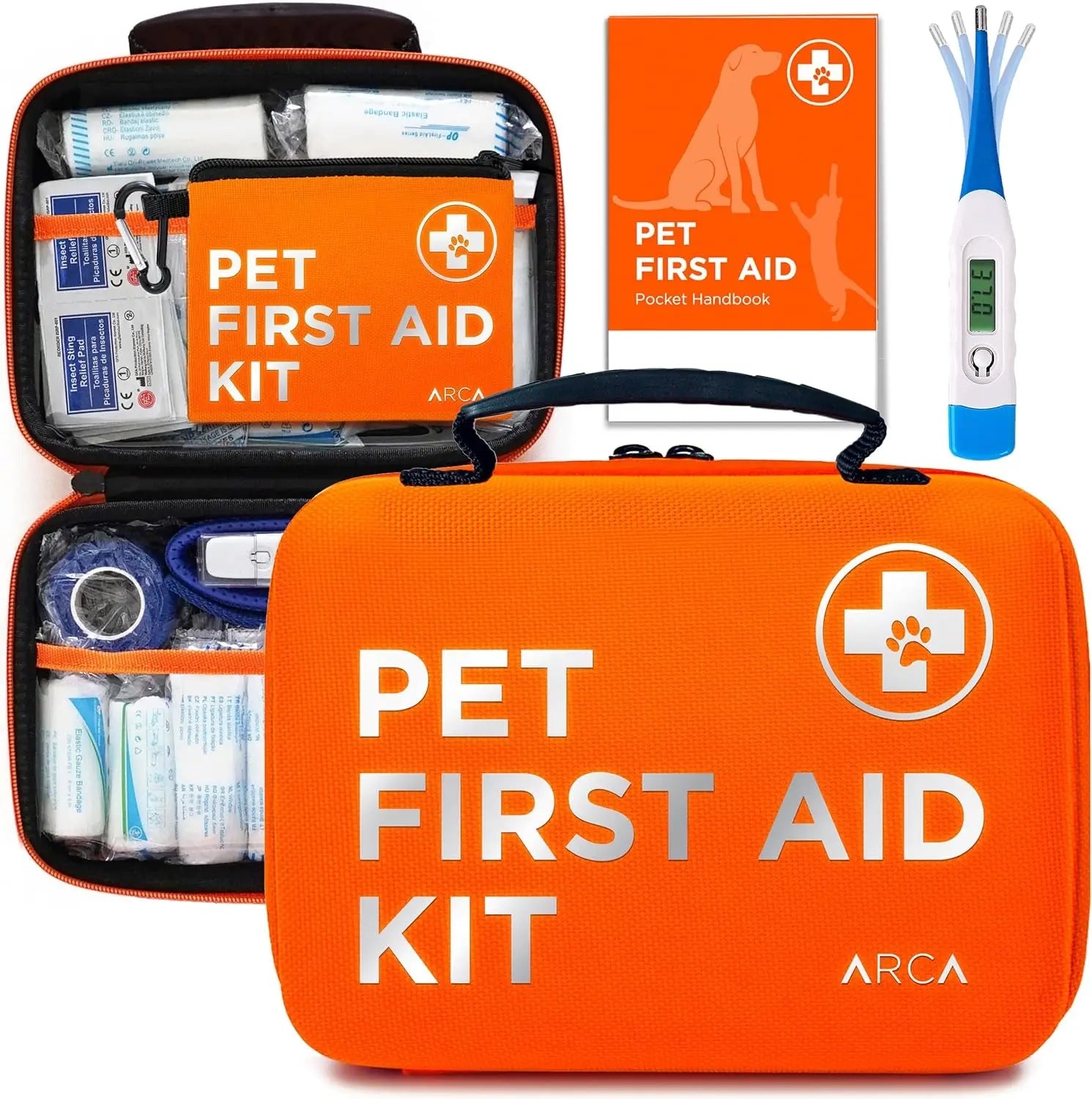 Orange pet first aid kit pouch with thermometer, handbook, and supplies in open case