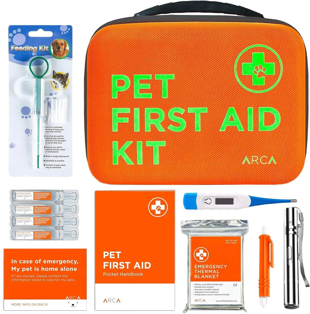 Orange pet first aid kit pouch with medical cross icon and ARCA logo on front
