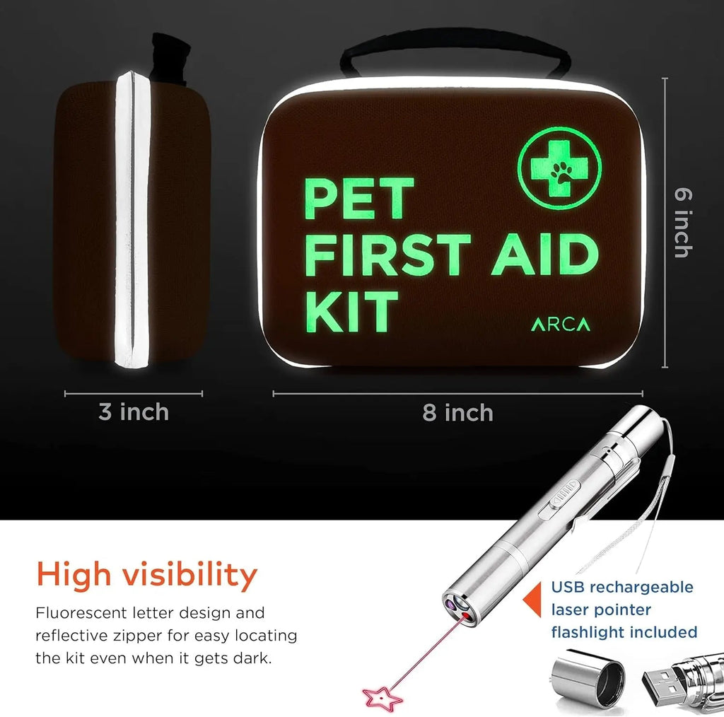 Black pet first aid kit with illuminated green text and paw icon plus silver flashlight