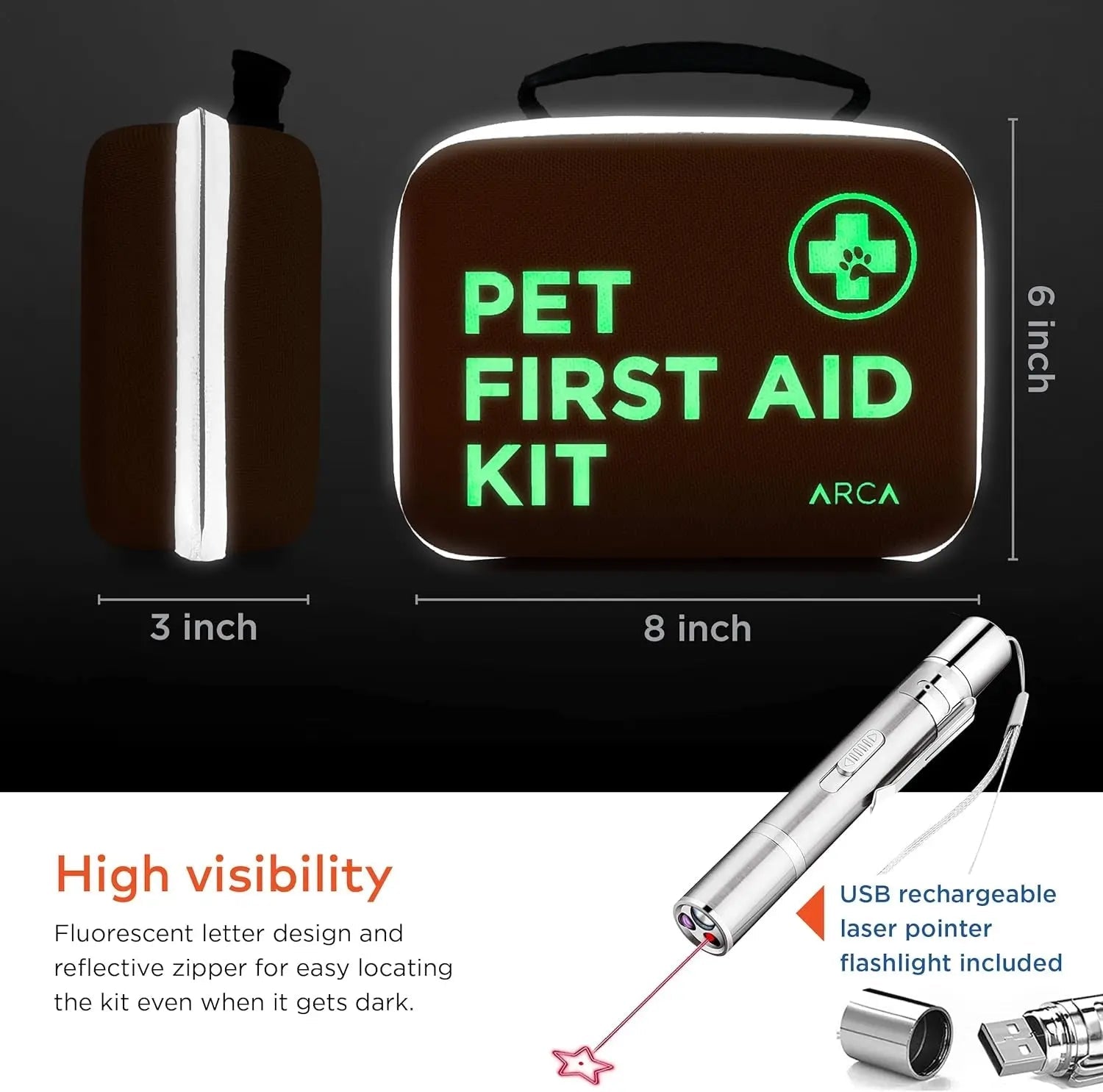 Black pet first aid kit with illuminated green text and paw icon plus silver flashlight