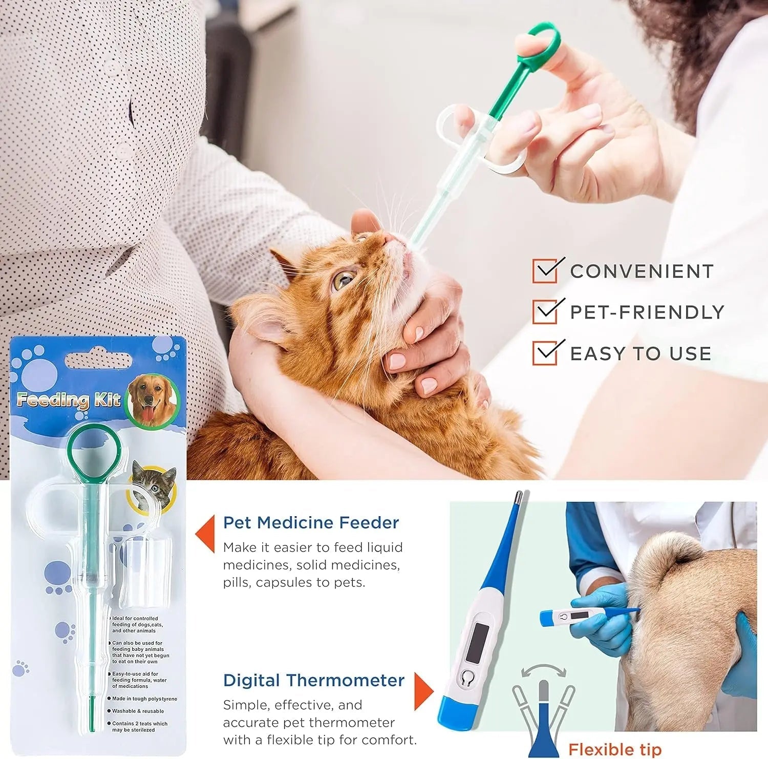 Digital pet thermometer with blue and white handle and flexible tip for safety