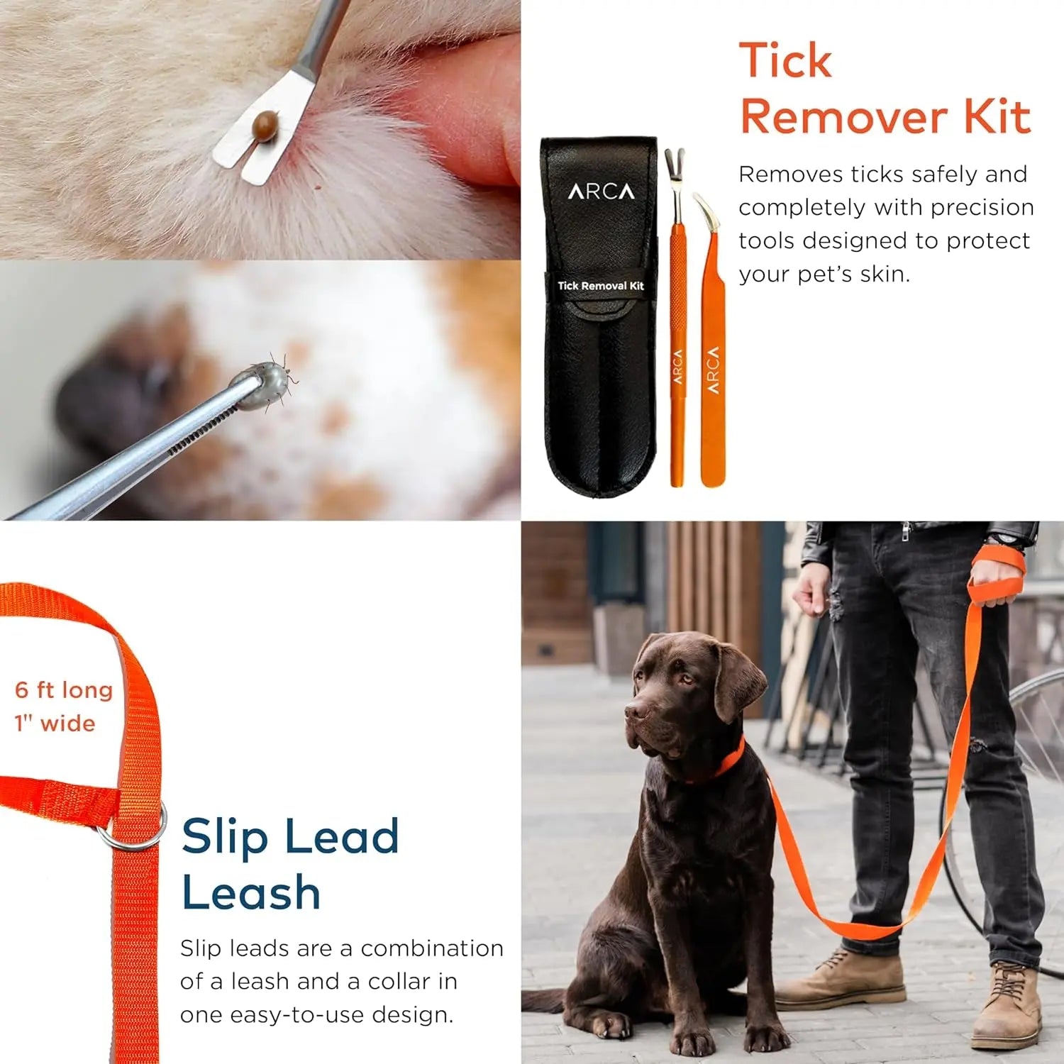 Tick remover kit with black pouch and two orange precision tools for pets
