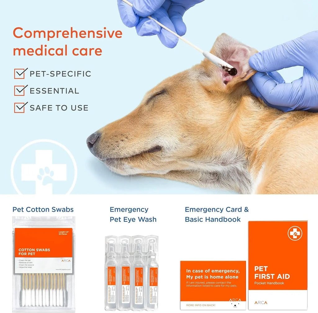 Pet first aid set items: cotton swabs, pet eye wash, and basic handbook