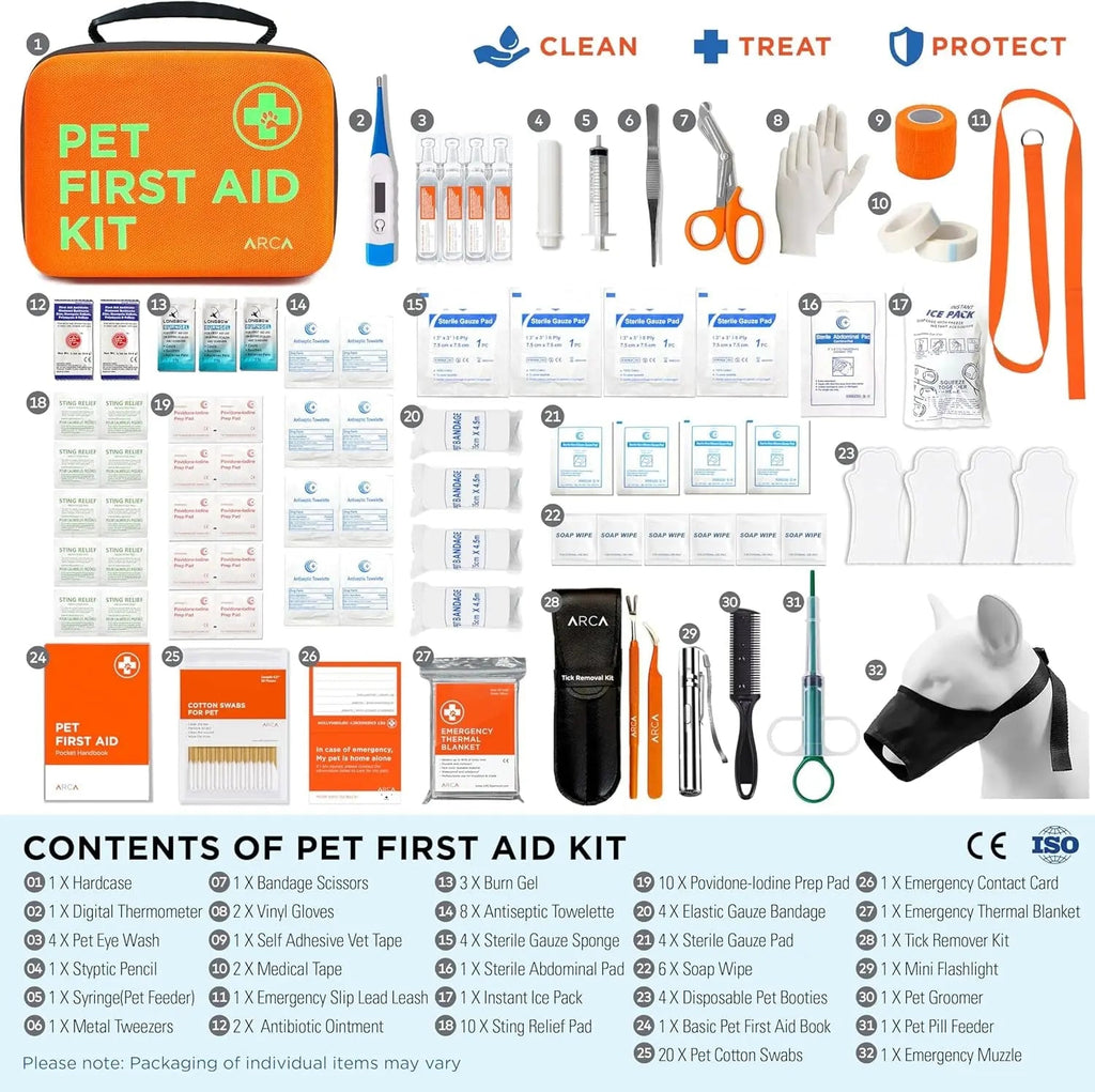 Pet first aid kit contents laid out with tools including thermometer, scissors, and gloves