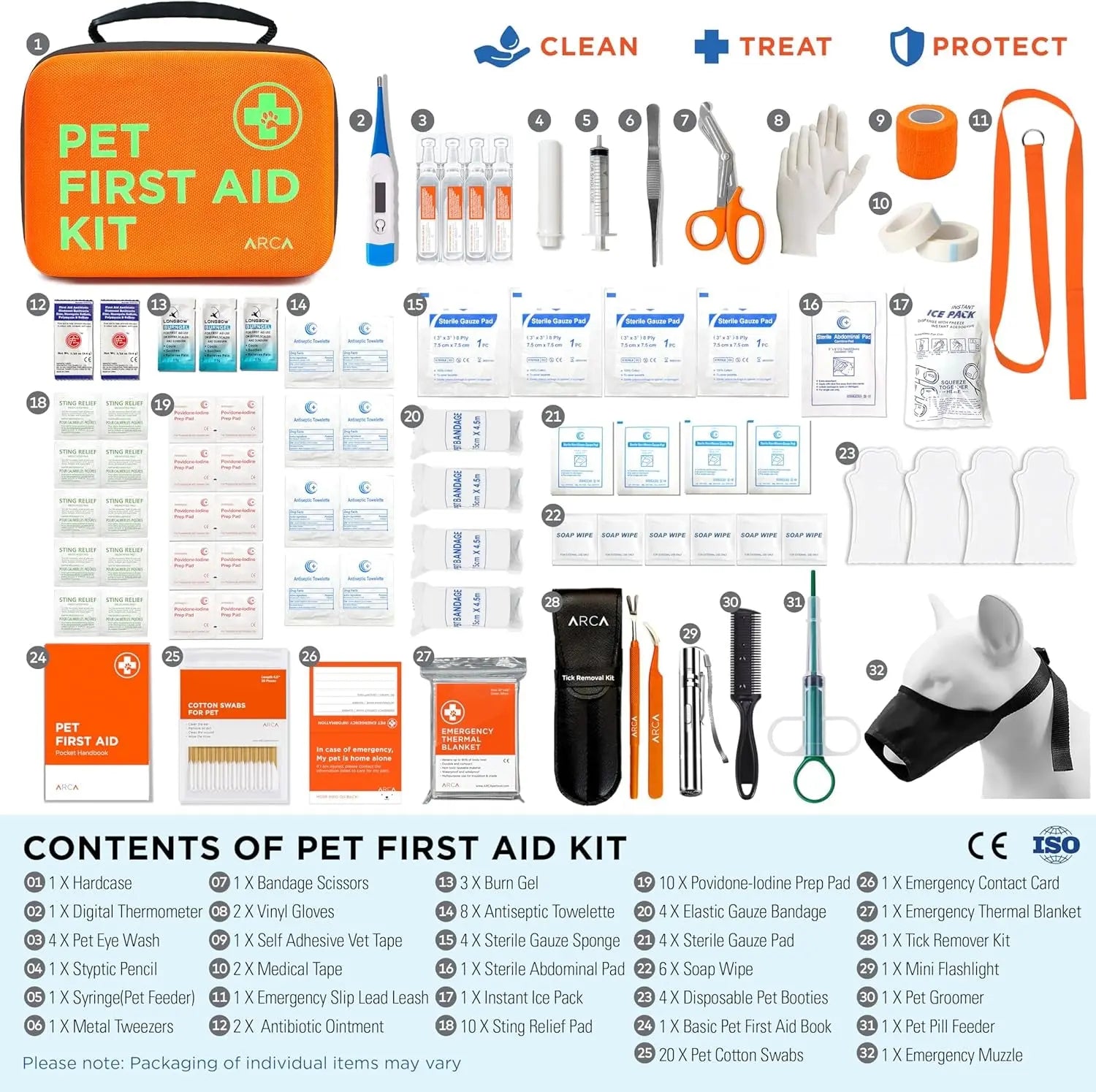 Pet first aid kit contents laid out with tools including thermometer, scissors, and gloves