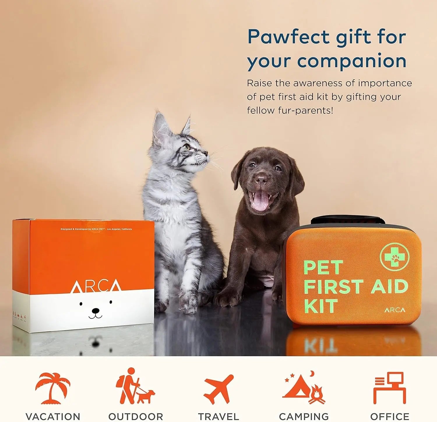 Orange pet first aid kit pouch with paw medical icon and top handle