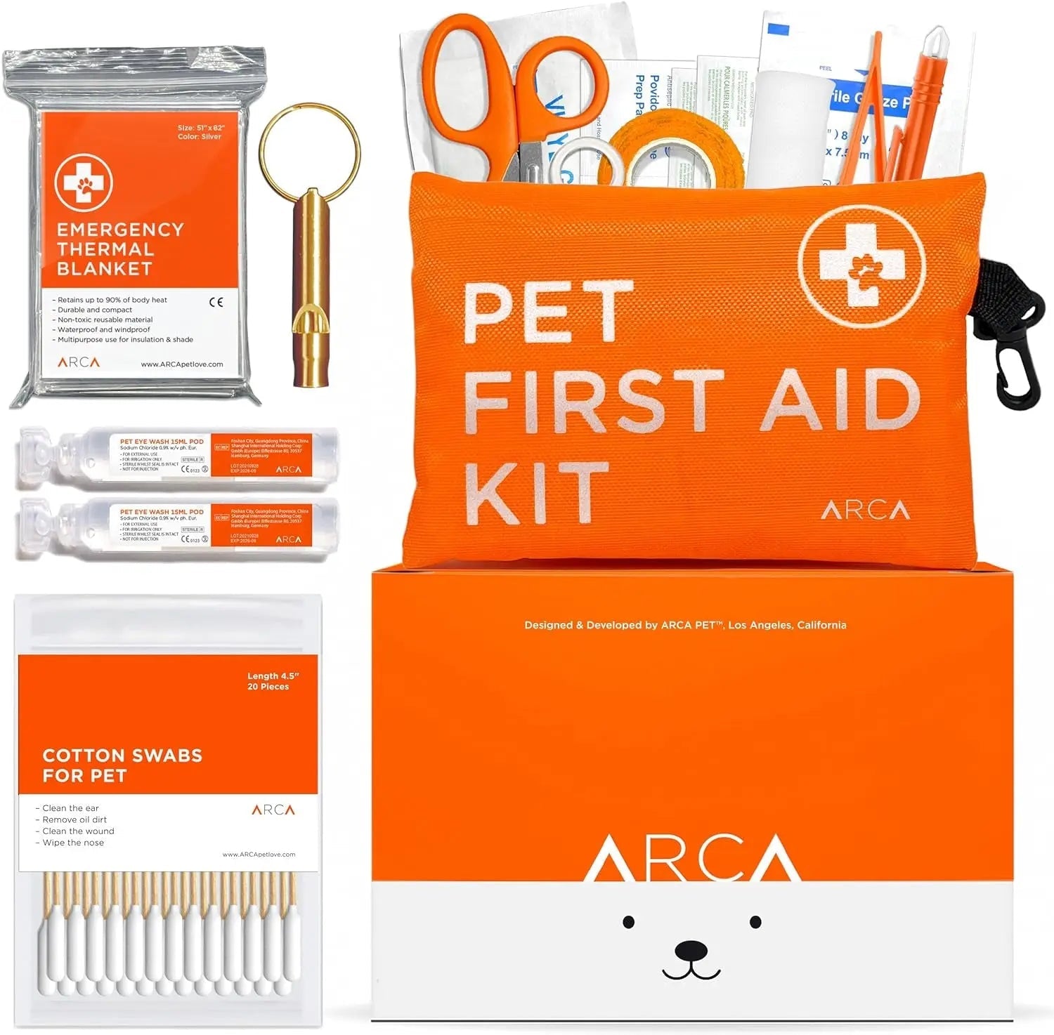 Orange pet first aid kit with emergency thermal blanket, cotton swabs, and storage box