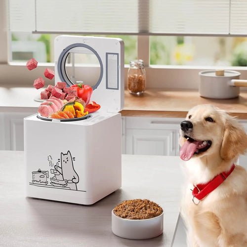 White 5-in-1 pet food maker on kitchen counter with bowl of prepared dog food