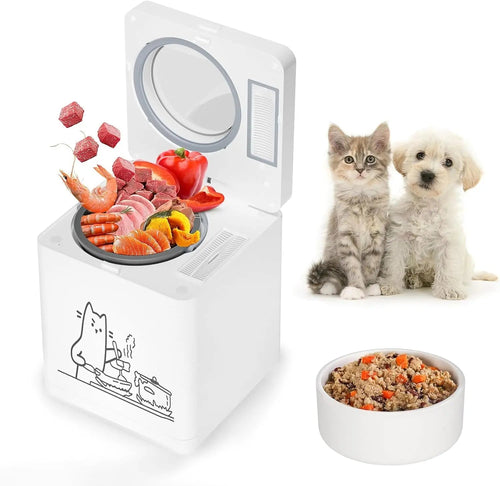 White pet food cooker with open lid showing ingredients and a filled food bowl