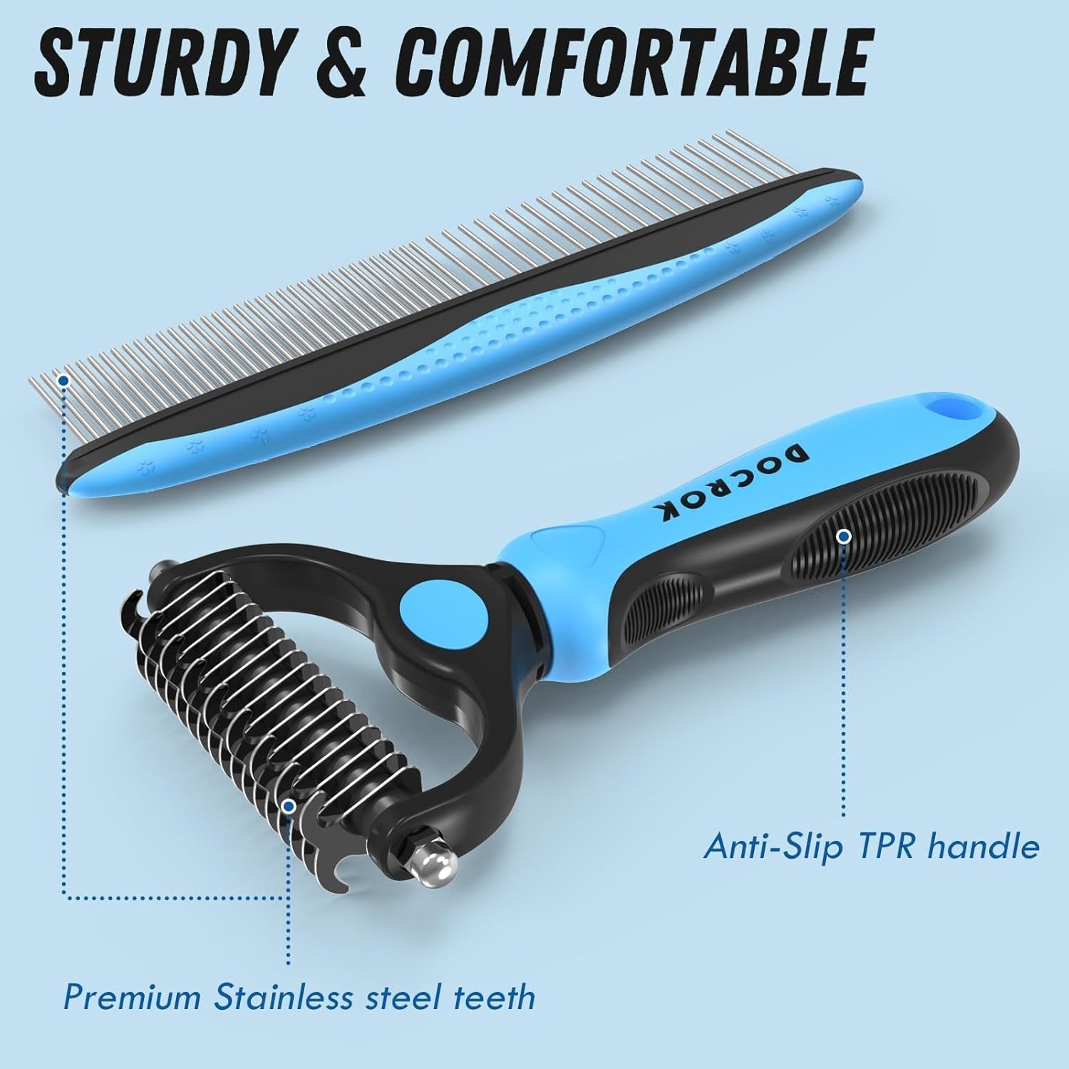 Pet grooming brush comb set with anti-slip blue handle and stainless steel comb teeth