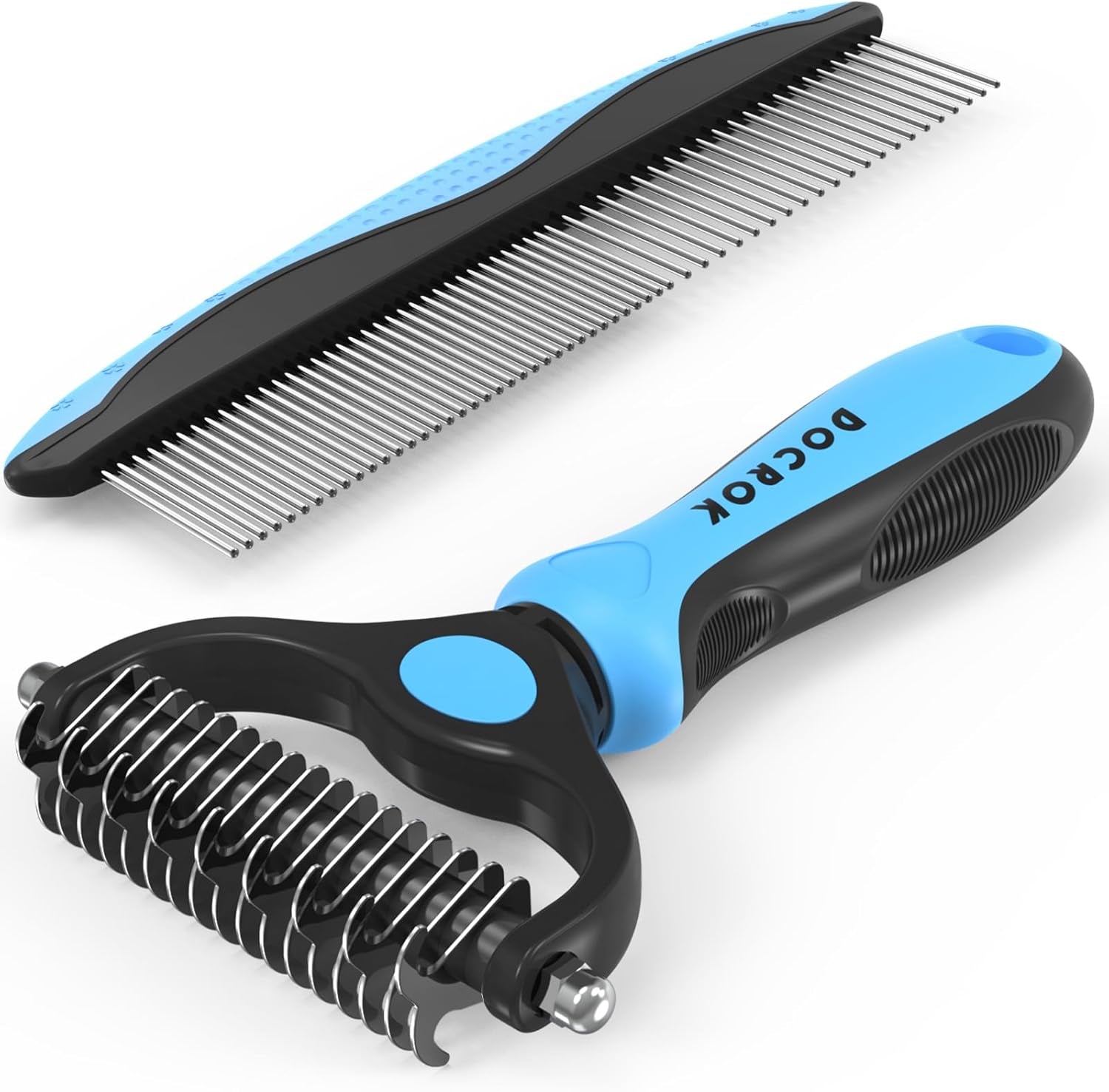 Pet grooming brush comb with blue and black handle and stainless steel teeth
