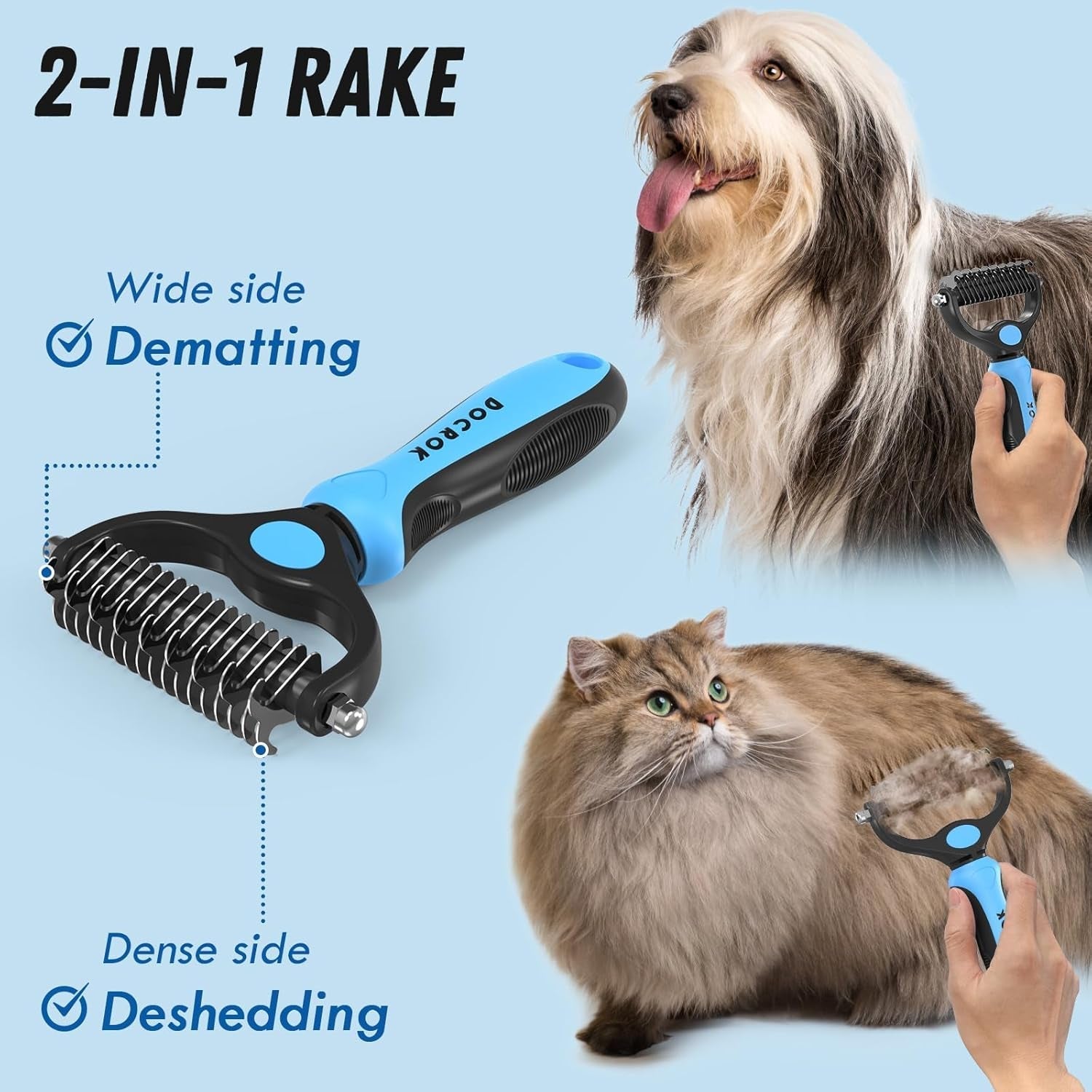 Pet grooming brush comb with blue handle, curved rake teeth, and black grip