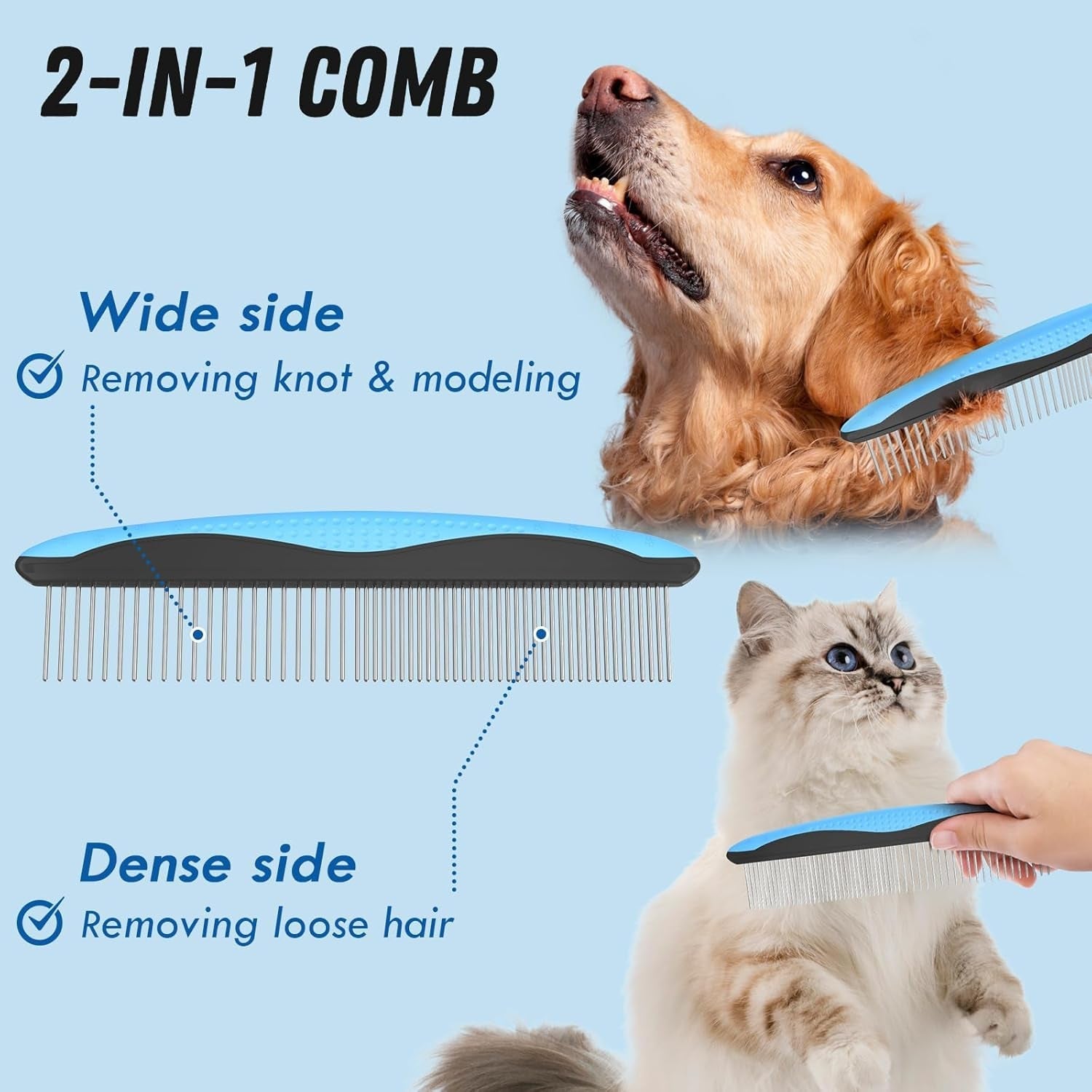Pet grooming brush comb with blue handle, wide comb teeth, and black end cap