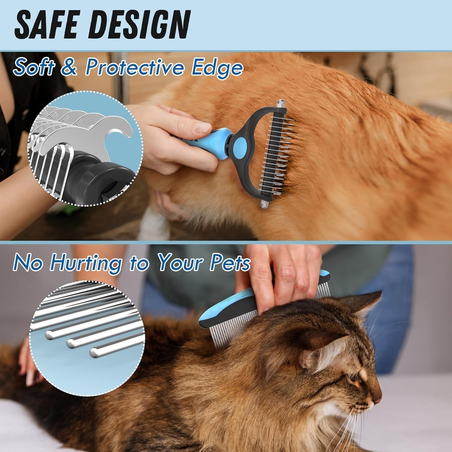 Pet grooming brush comb with blue handle and protective soft edge over stainless teeth