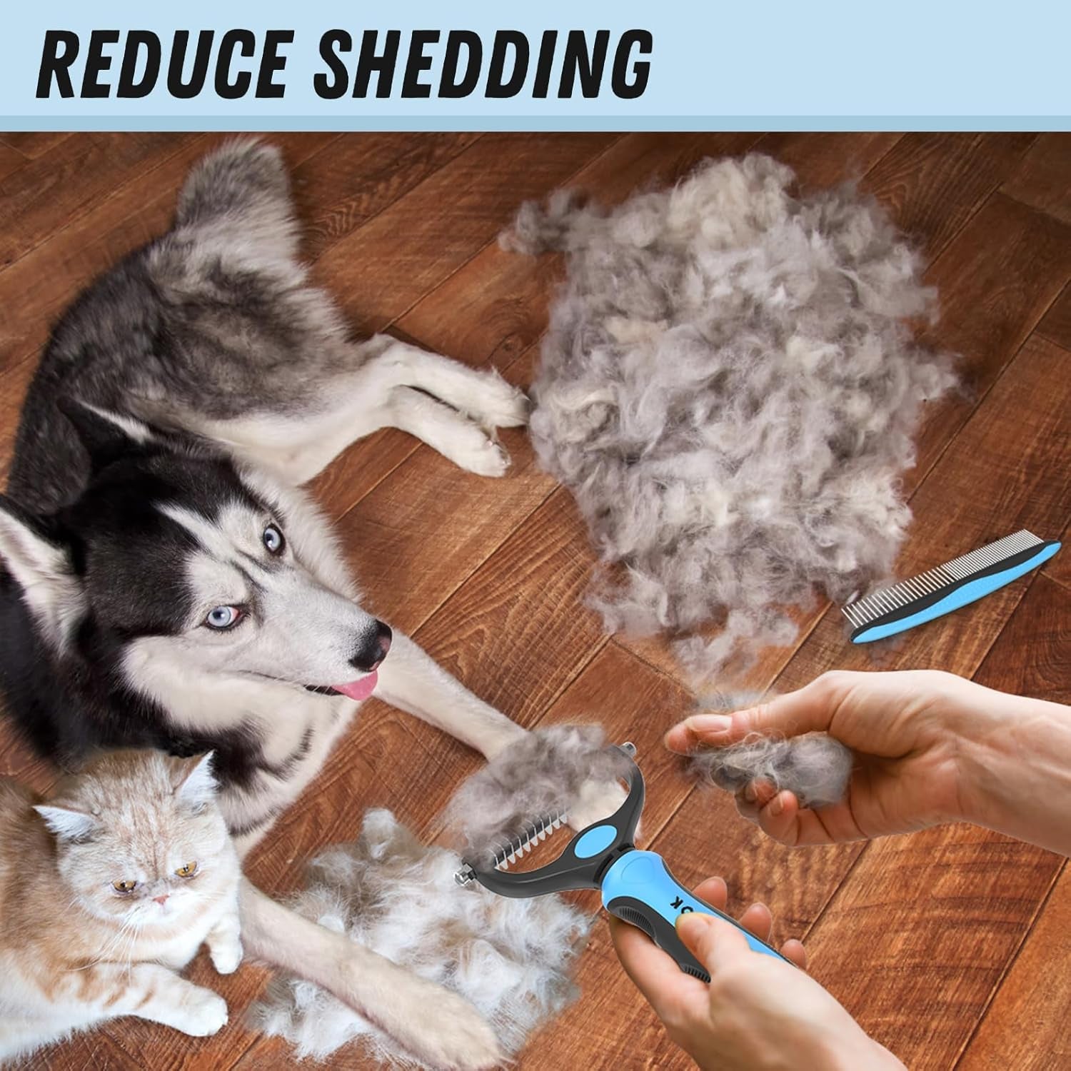 Pet grooming brush comb with blue handle and black base with stainless steel teeth
