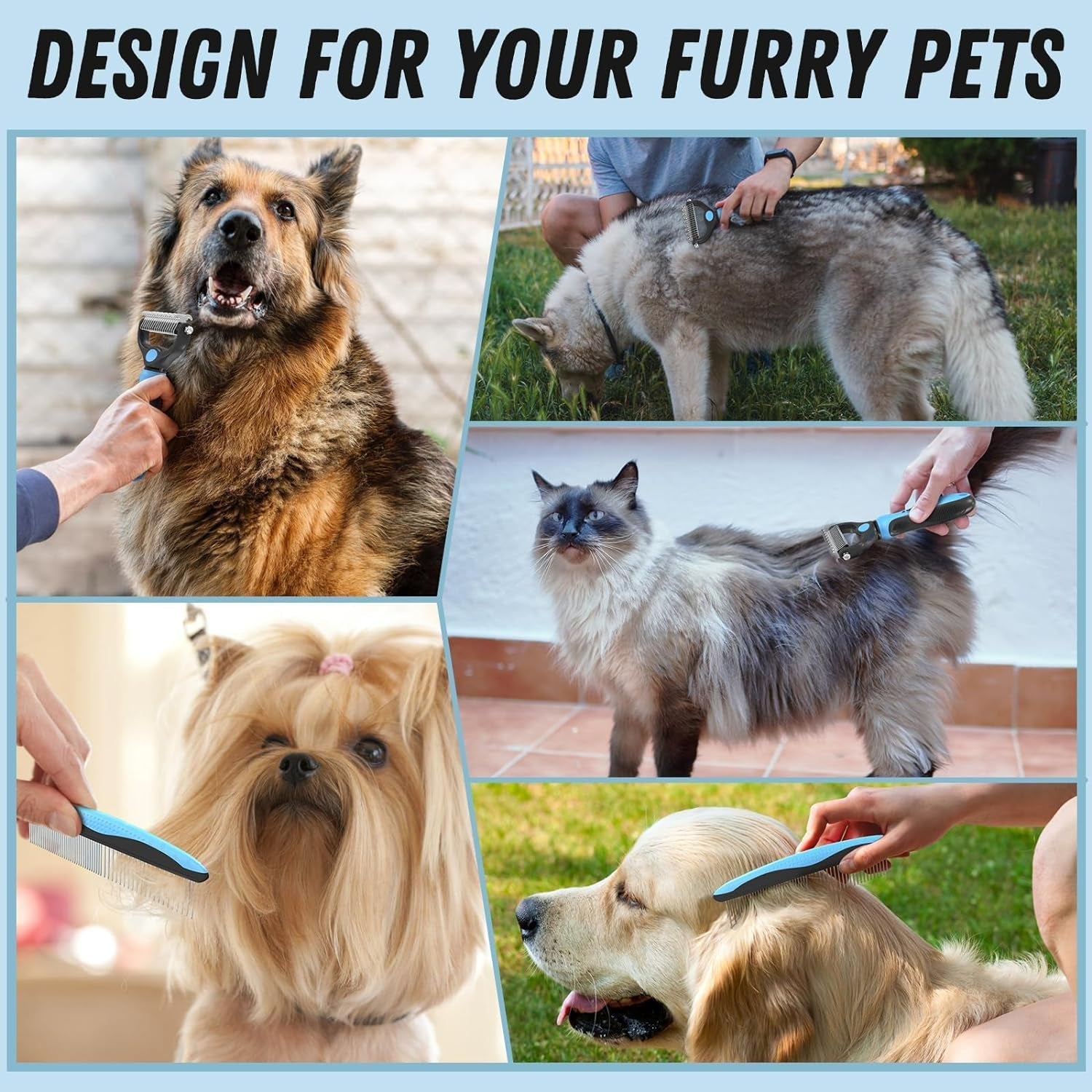 Pet grooming brush comb with blue handle and stainless steel teeth for grooming