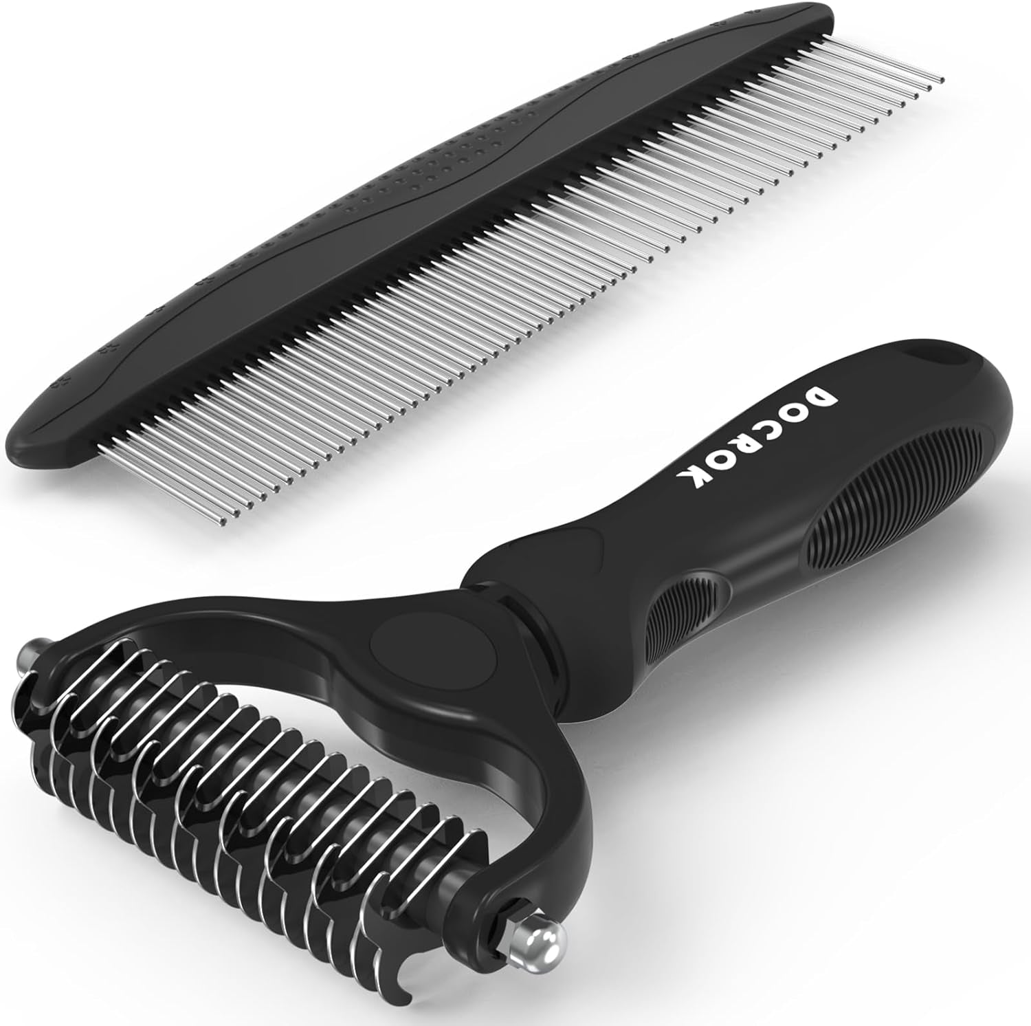 Pet grooming brush comb with black handle and stainless steel teeth