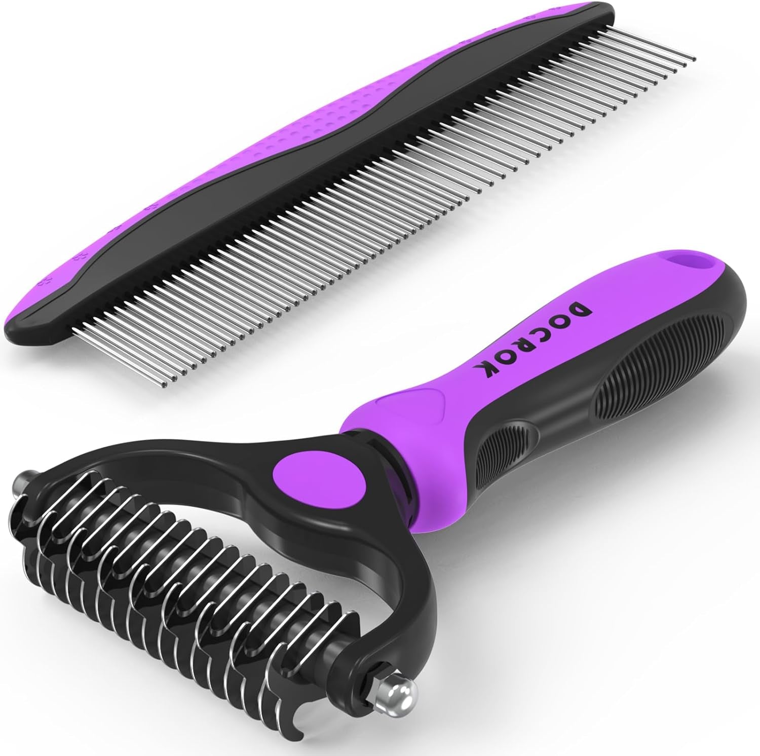 Pet grooming brush comb with purple handle and stainless steel teeth