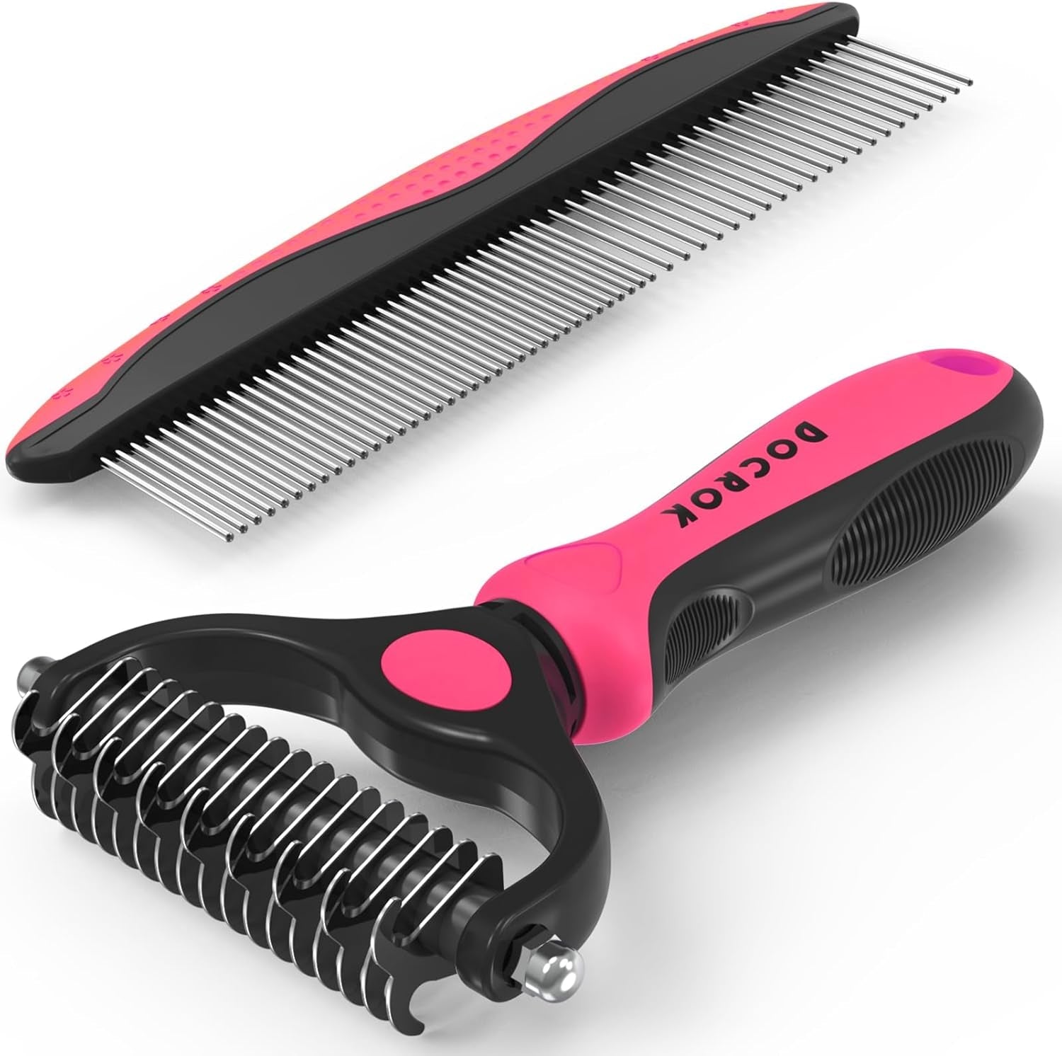 Pet grooming brush comb with pink handle and stainless steel teeth
