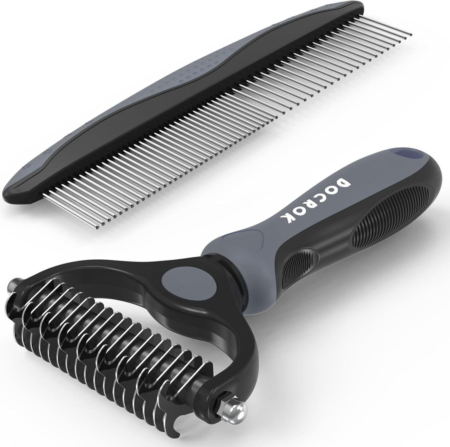 Pet grooming deshedding comb brush with silver metal teeth, black handle
