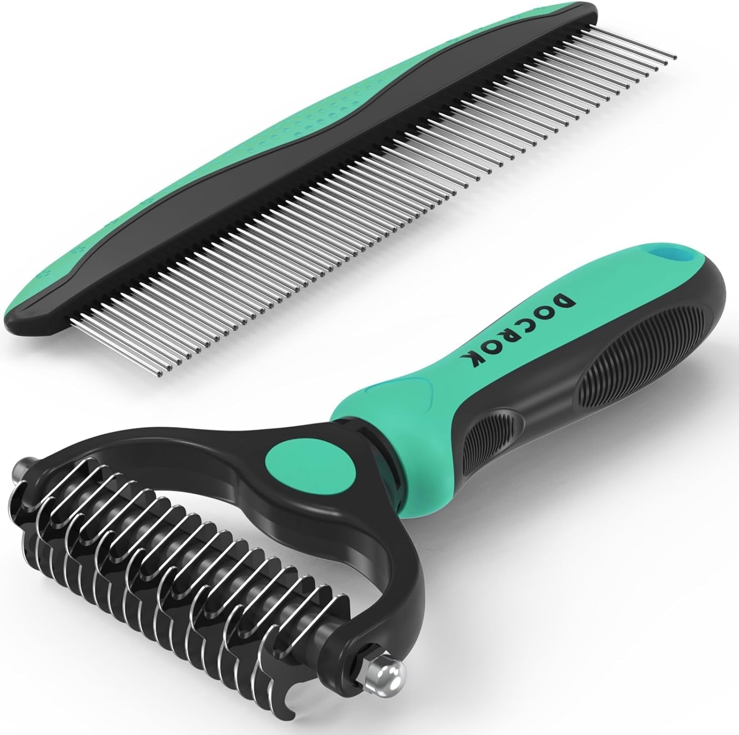 Pet grooming deshedding comb brush with silver metal teeth, teal handle