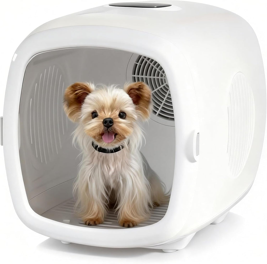 White pet grooming dryer box with front viewing window and airflow vent, dog inside
