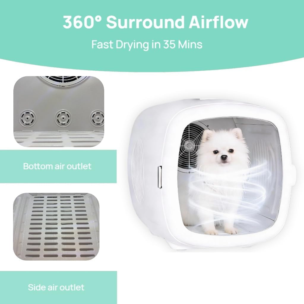 White pet grooming dryer box with airflow vents, small dog inside with motion blur