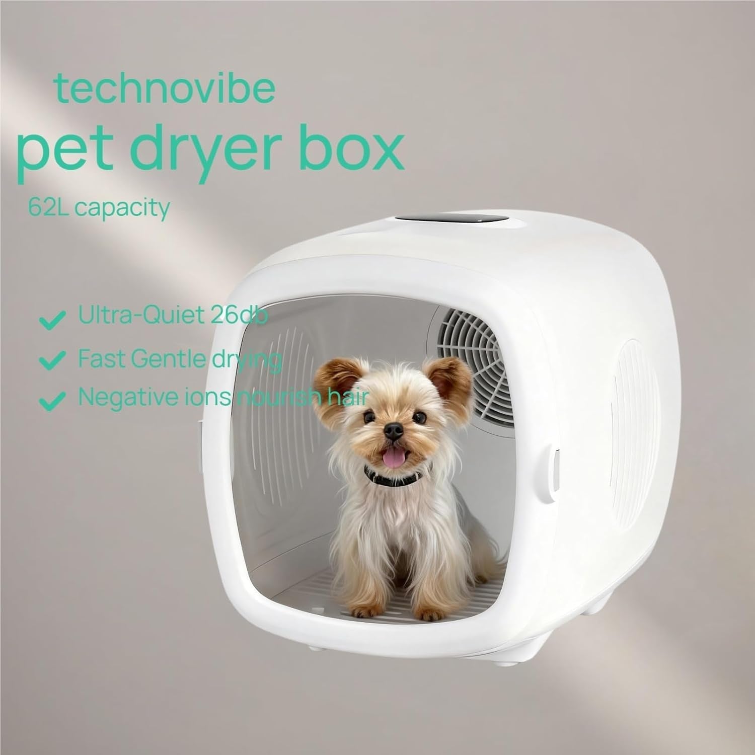 technovibe white pet dryer box with front window, small dog sitting inside