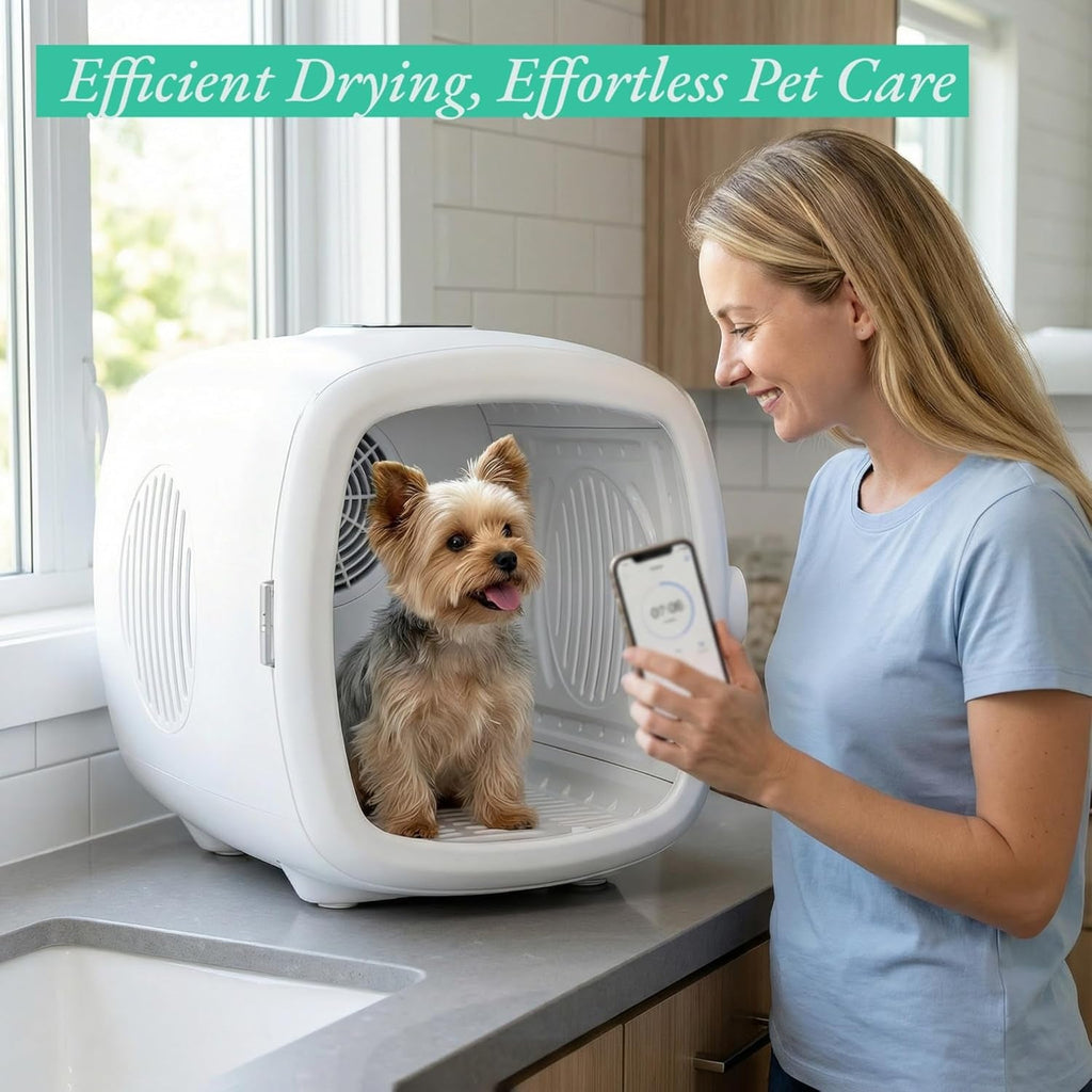 White pet grooming dryer box with front opening, small dog standing inside