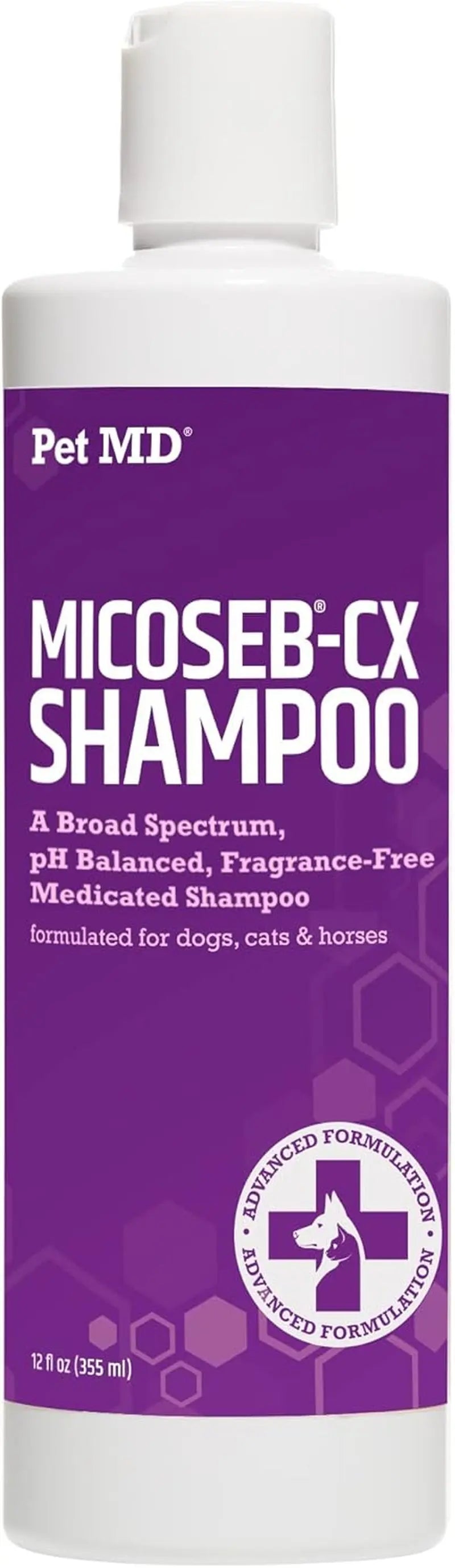 Micoseb-CX medicated shampoo bottle, purple label, 12 oz, cap on top