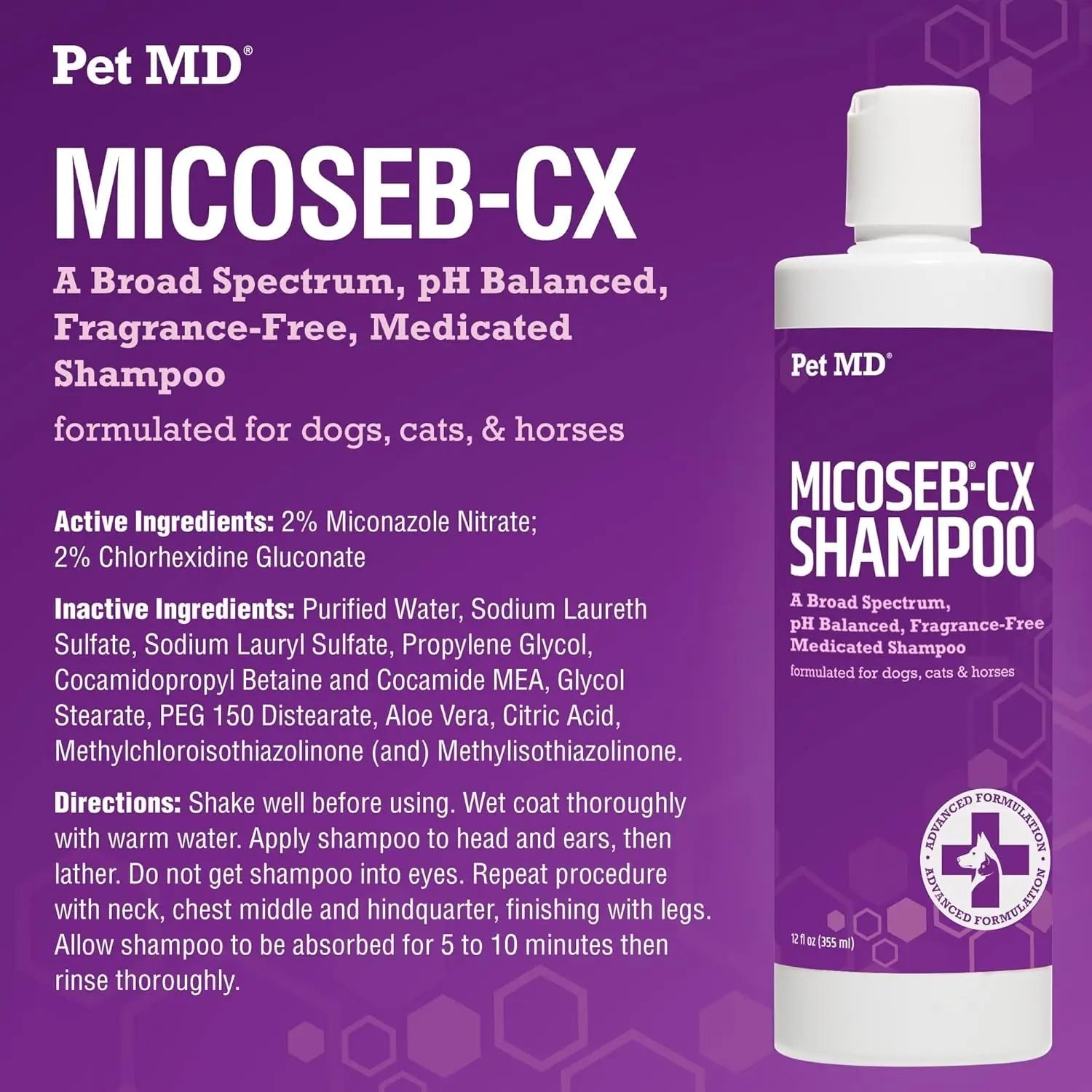 Micoseb-CX shampoo bottle with ingredient info text, 12 oz, white cap